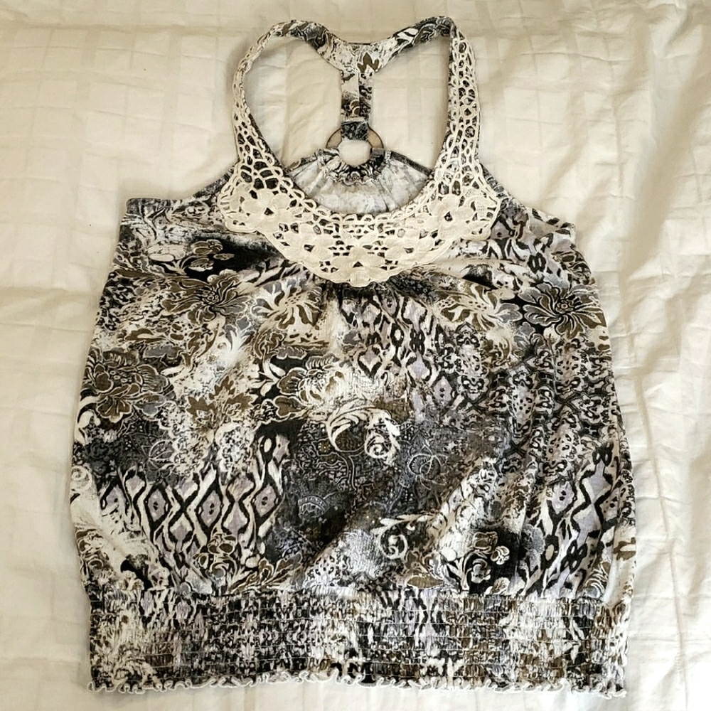 Self Esteem Gray White Racer Back Tank Top L NWOT